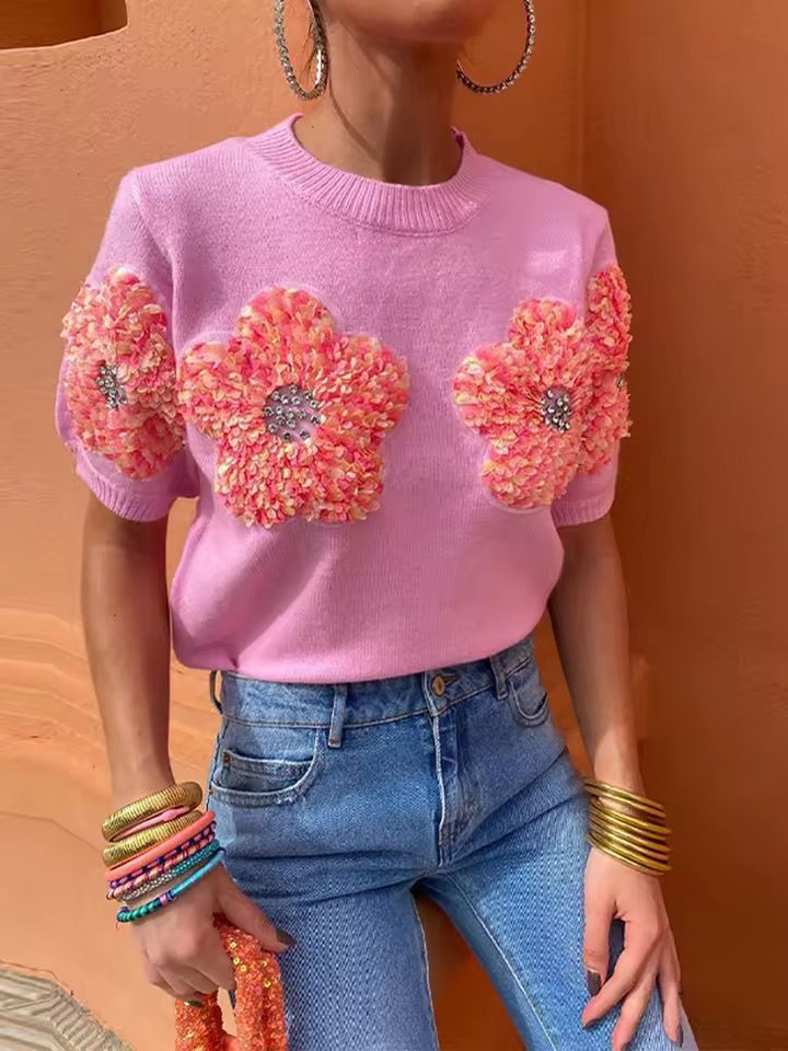 Floral Pattern Pink Knitted Shirt