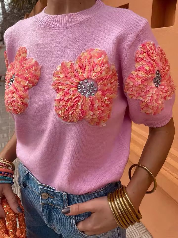 Floral Pattern Pink Knitted Shirt