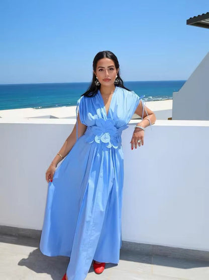 Ocean Blue Floral Detailed Dress