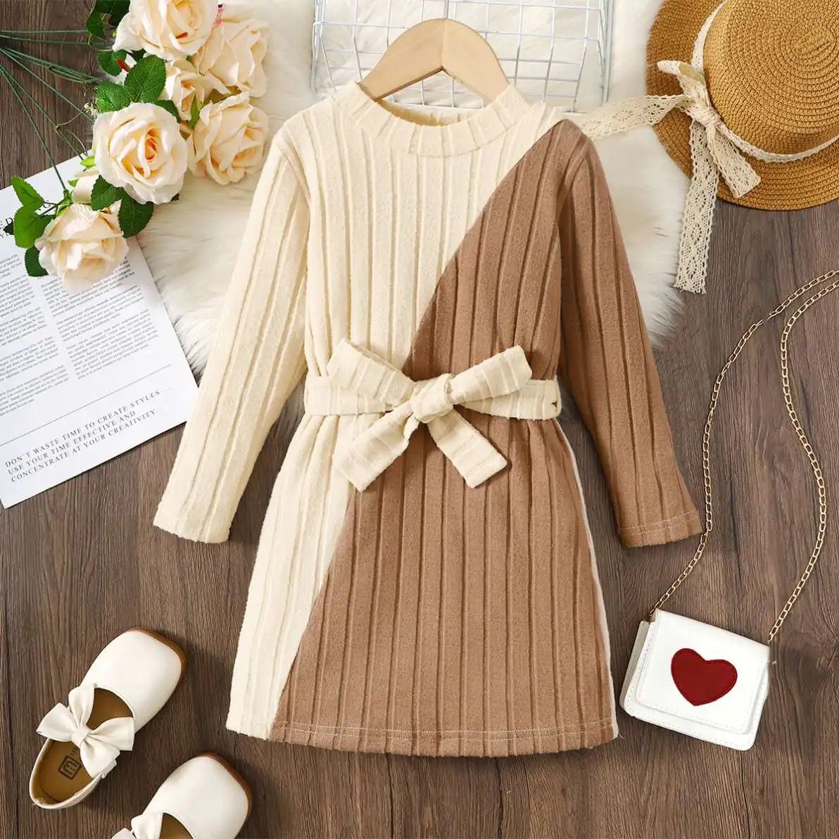 Cute Knitted Brown Dress With Bow