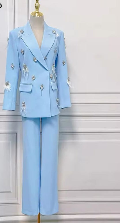 Lavish Sky Blue Blazer & Pants with Rhinestones Details