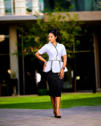 Elegant Two piece Mandarin Collar Shirt with Pencil Skirt