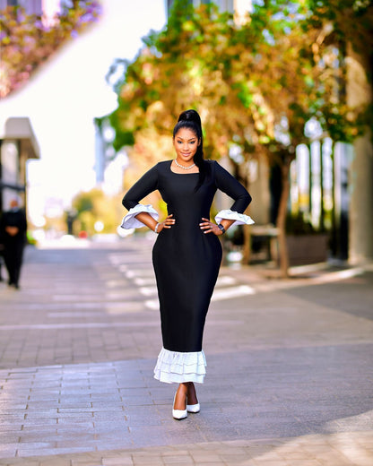 Women’s Fitted Merino Black & White Dress with Long Sleeves and Ruffle Detail