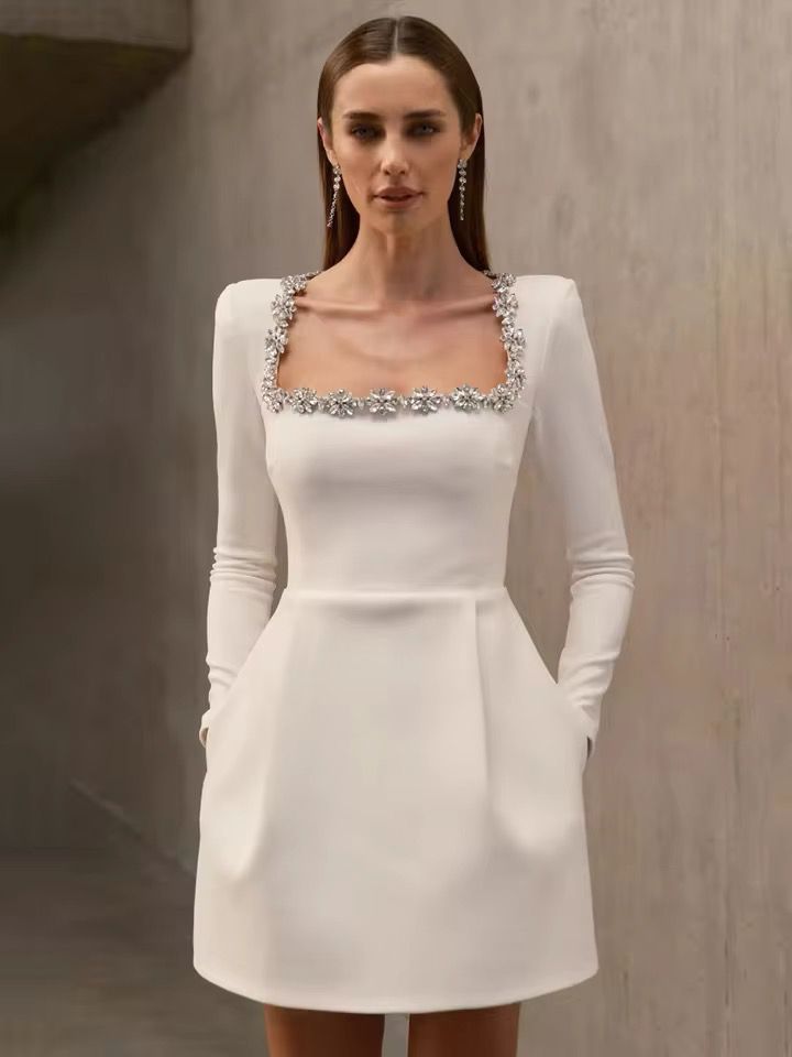 Sweet Rhinestones White Long Sleeve Cocktail Dress