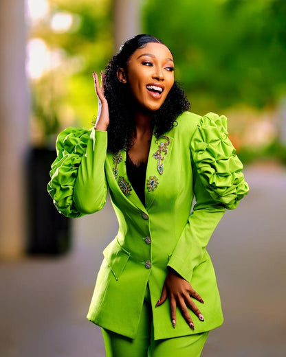 Luxurious Chartreuse Green Pant Suit with Rhinestones