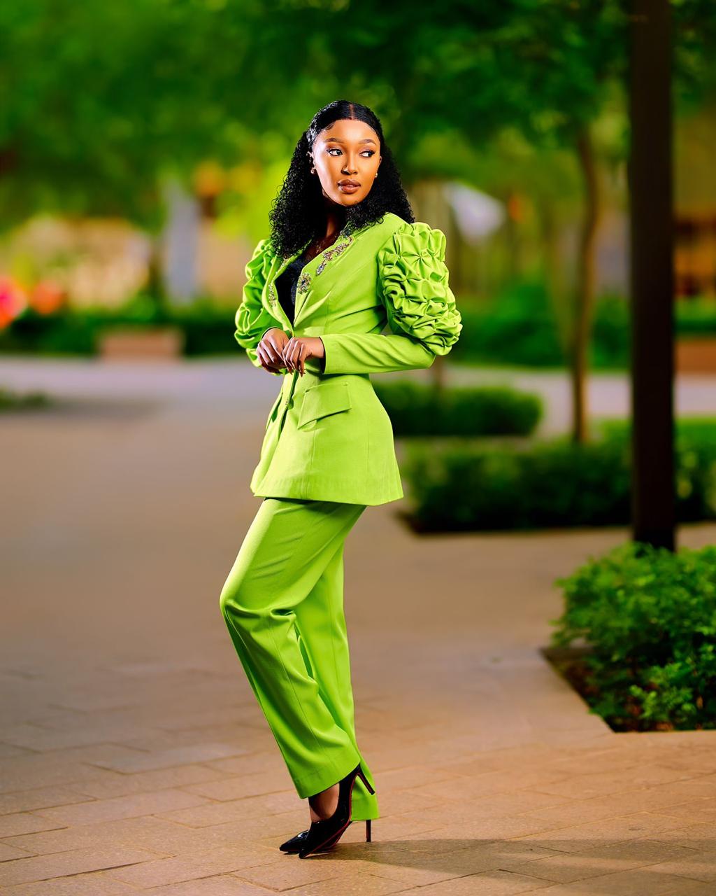 Luxurious Chartreuse Green Pant Suit with Rhinestones