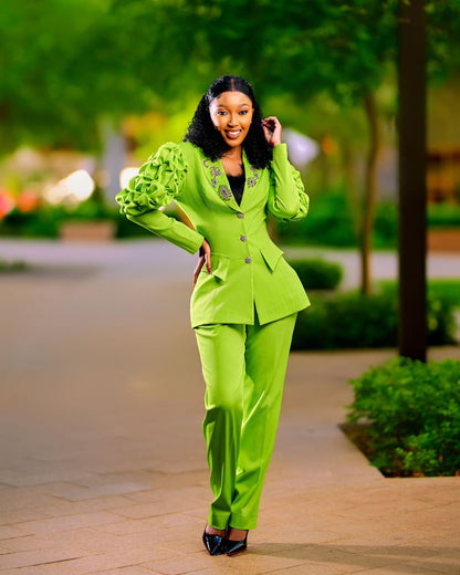 Luxurious Chartreuse Green Pant Suit with Rhinestones