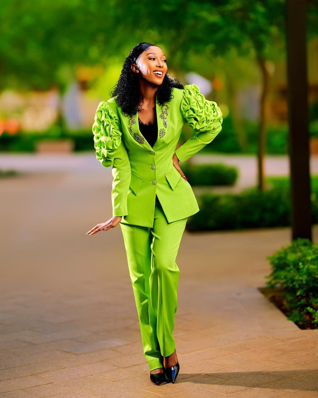 Luxurious Chartreuse Green Pant Suit with Rhinestones