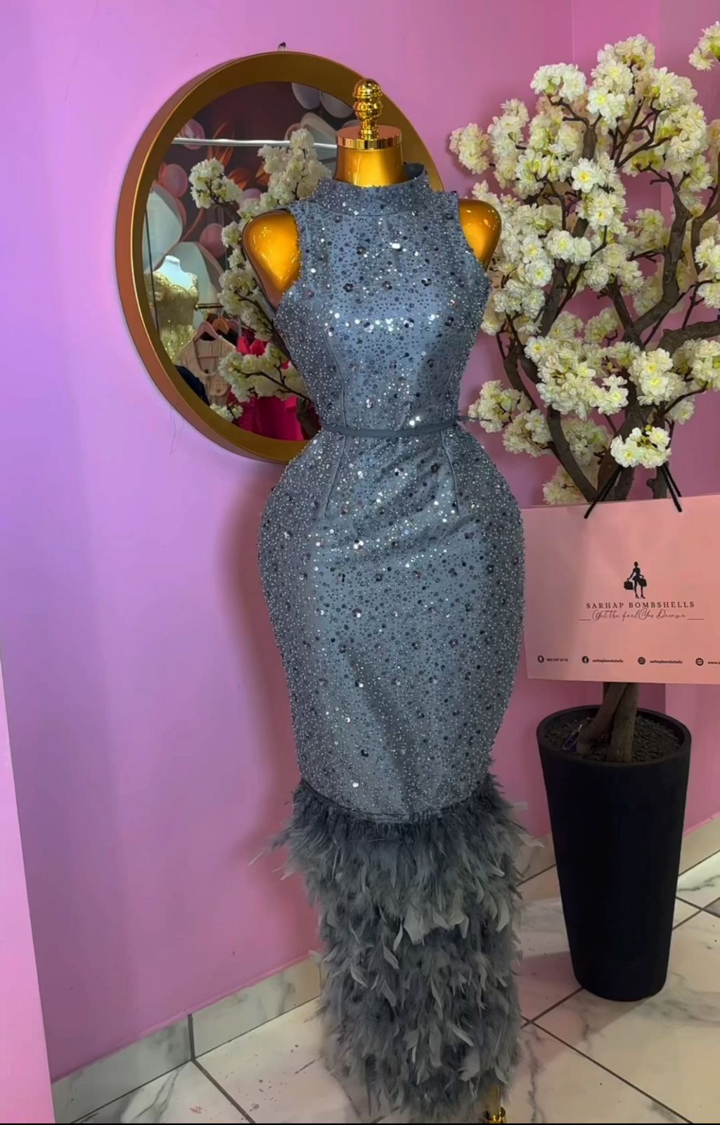 Fancy Grizzly Grey Off Sleeves Bodycon Feathered Dress