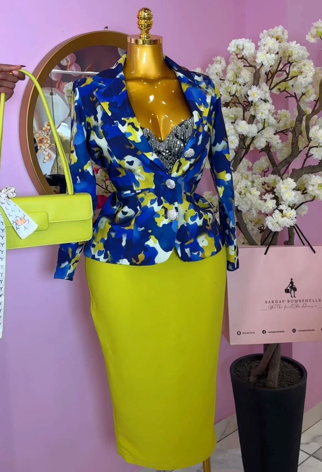 Sky Yellow Floral Print Suit & Skirt Set