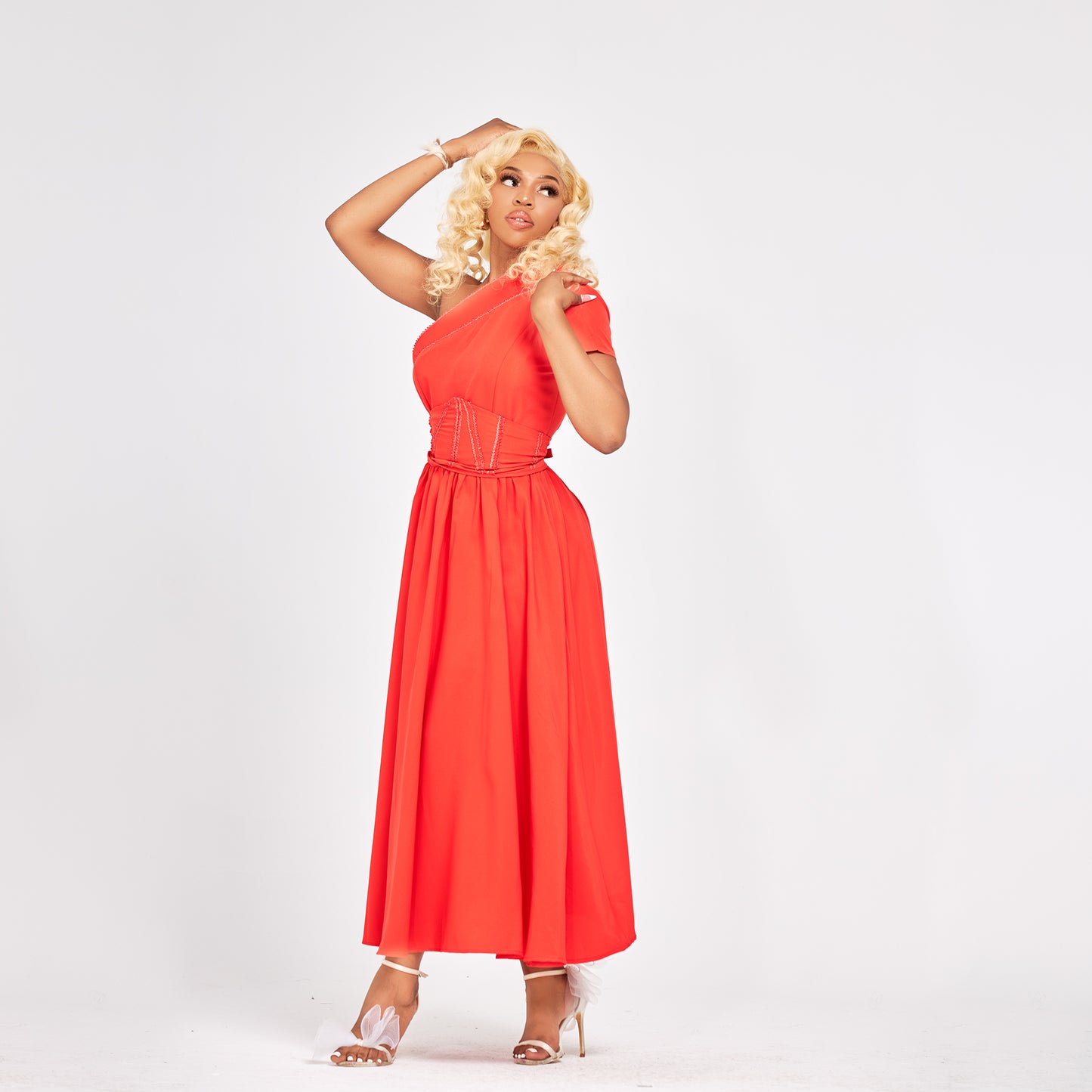 Slash Neck Vintage Cinged waist midi dress