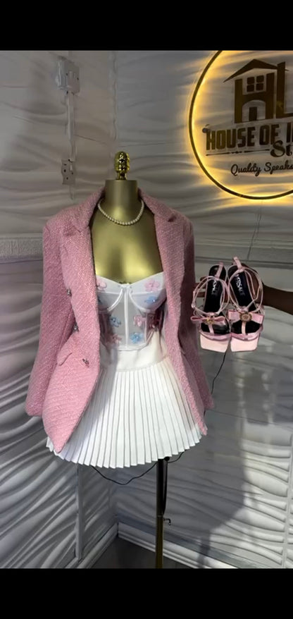 Armelle Pink Blazer floral Corset with Pleated Skirt and Desire Rosette Strapped Heels